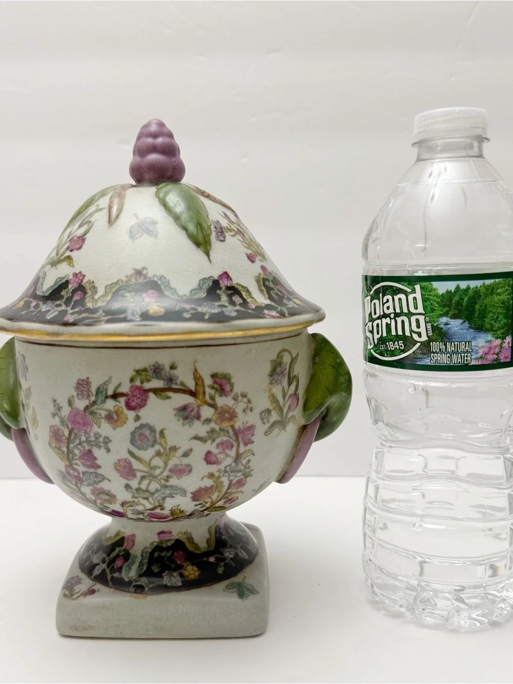 Vintage Chinese Floral Porcelain Lidded Pedestal Footed Small Urn Crackle Finish